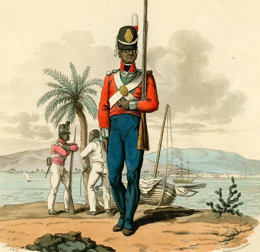 West India Regiment soldiers in Zouave-style ceremonial dress with British officers, late nineteenth century